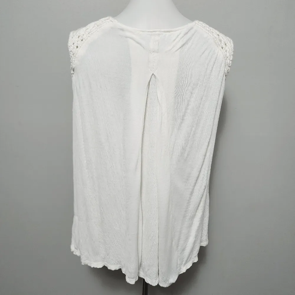 Vintage America Deniz Ivory Macrame Yoke Gauze Sleeveless Blouse Size Large - Image 5