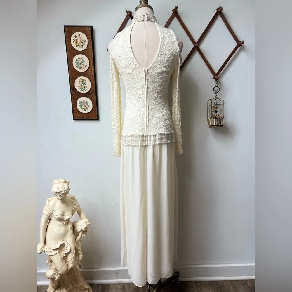1980s Wide Leg Lace & Chiffon Ivory Jumpsuit White - Image 15