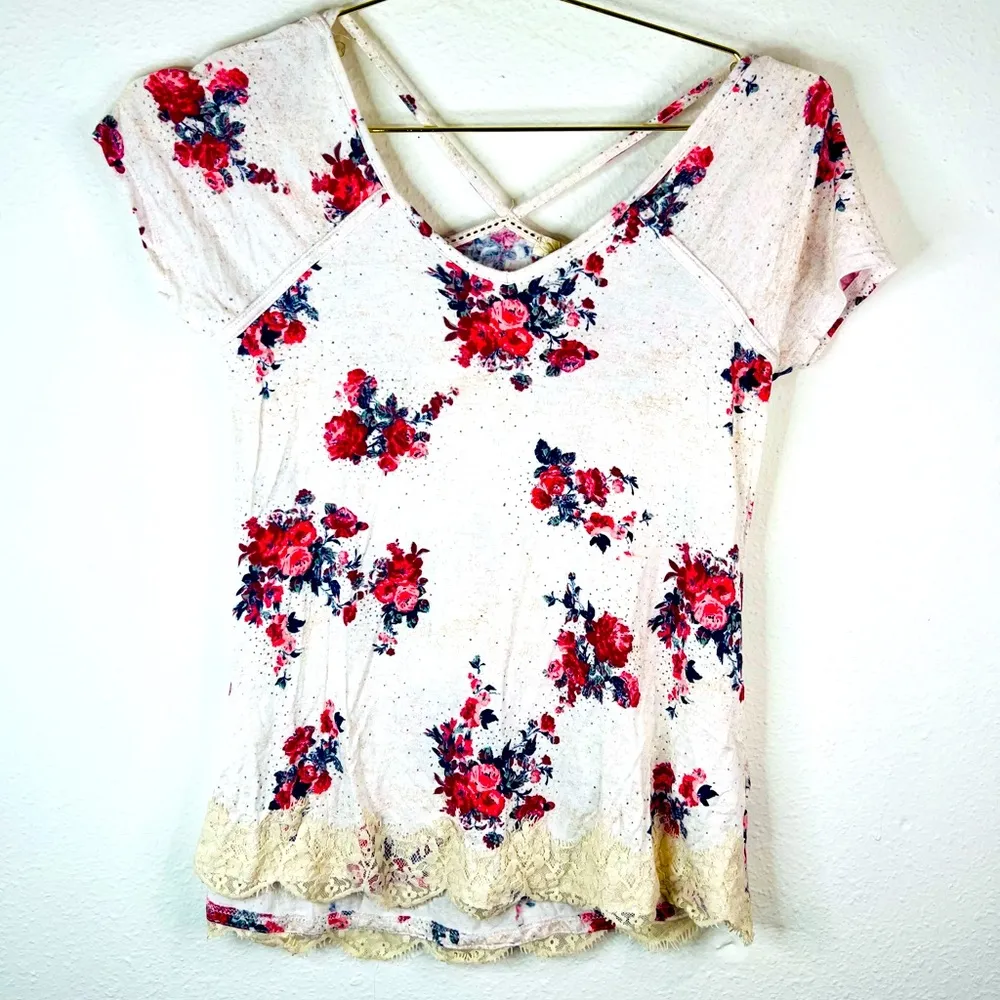 Rewind Women's Floral Lace Trim Crisscross Back Top XS Romantic Boho Cottagecore - Image 2