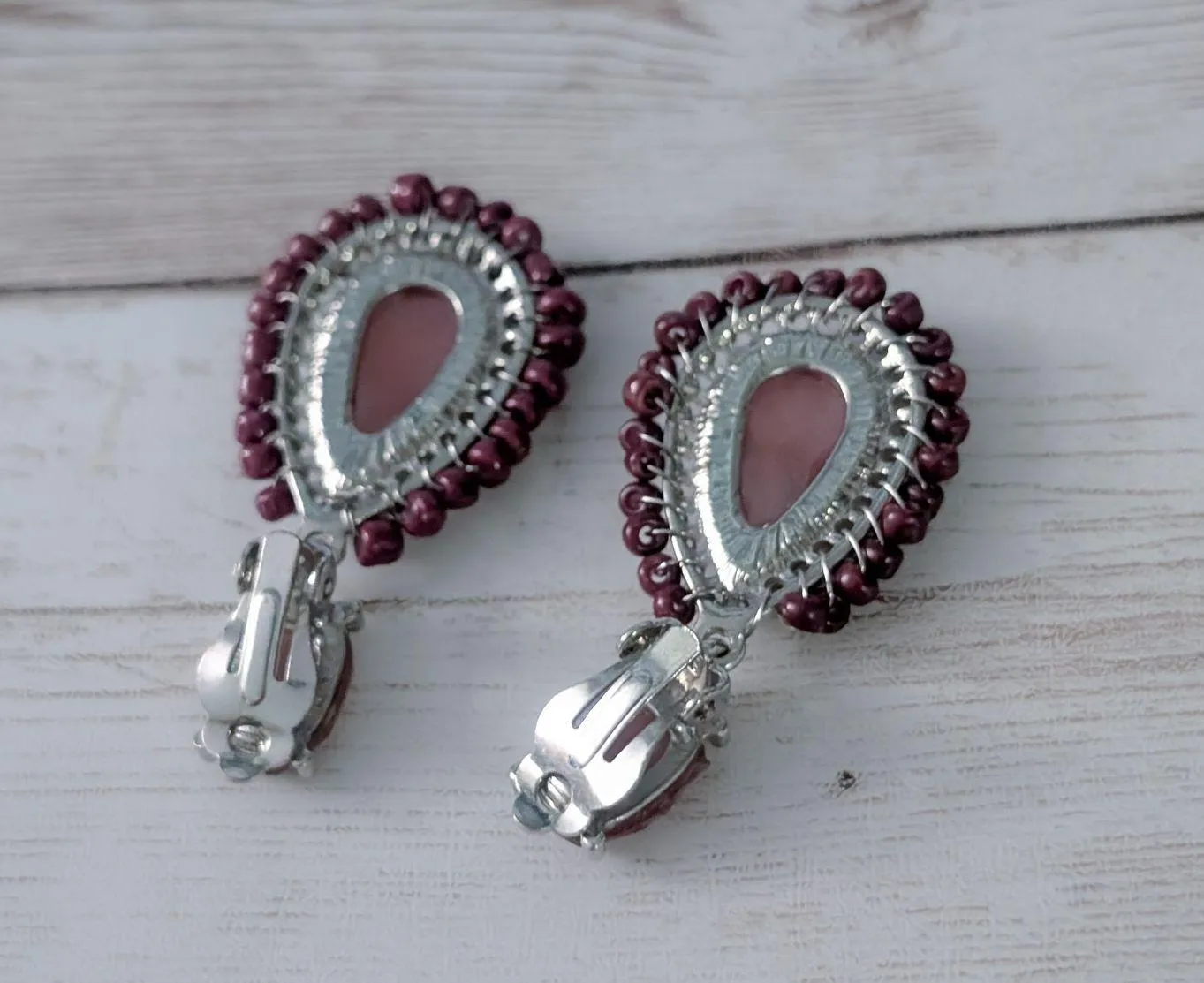 Vintage Clip On Earrings Dusky Muted Burgundy - Image 5