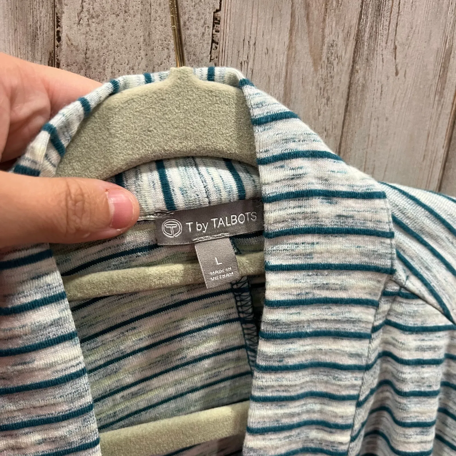 T by Talbots Women's Open Cardigan Sweater Turquoise Blue Textured Stripe Sz L - Image 2