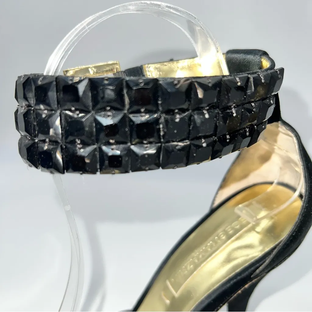BCBGMaxAzria Black Satin and Gold Heels w/Studded Ankle and Toe Straps-Size 7 - Image 6