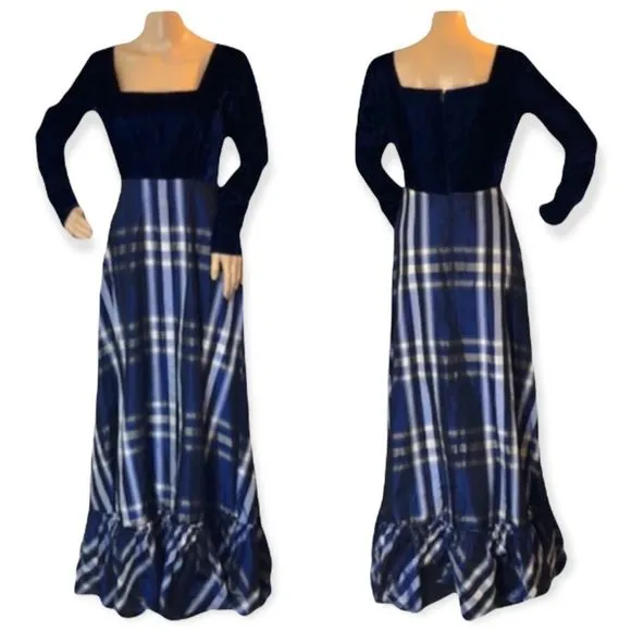 Neiman Marcus Vintage 1960s Velvet & Plaid Victorian Maxi Dress Small - Image 2