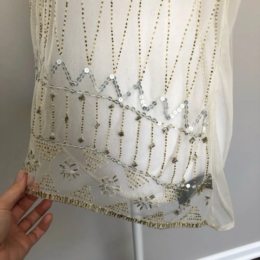 PJK Patterson J Kincaid Top Cami Sleeveless High Neckline Sequin Beaded Boho Gold - Image 6