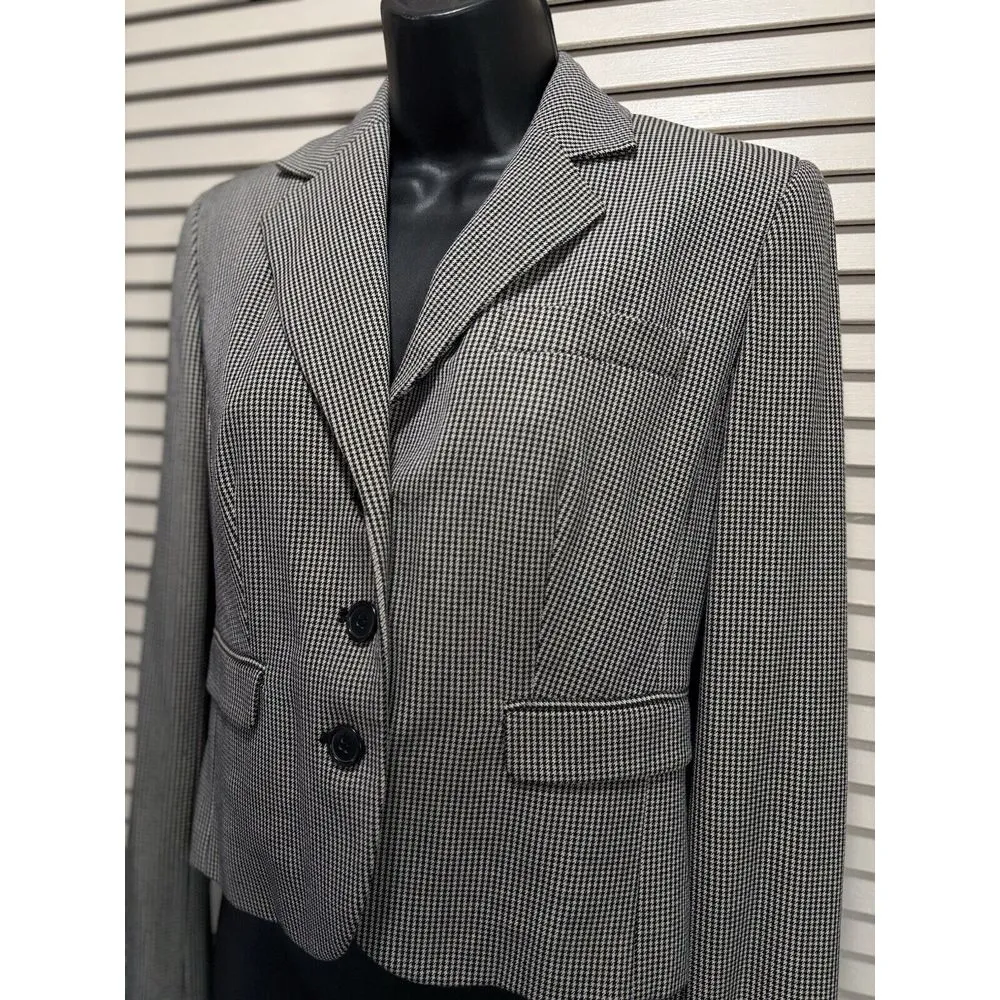 Ann Taylor LOFT‎ Collar V-Neck Black/White Tiny Houndstooth Button Blazer Sz 2 - Image 2