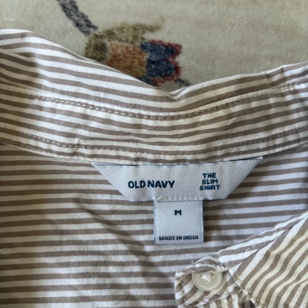 Old Navy The Slim Shirt Tan Pin Striped Collared Top Office Siren Medium - Image 5