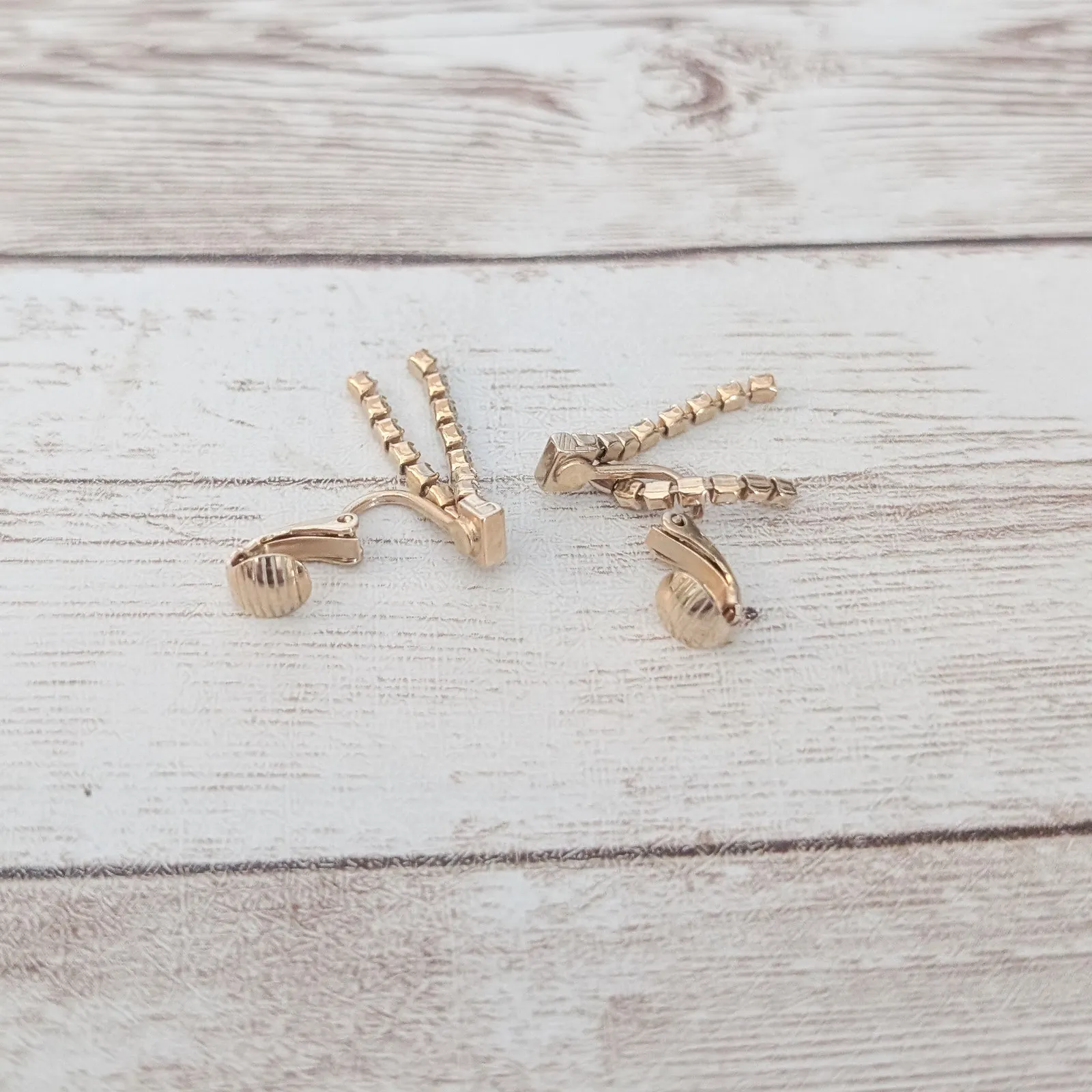 Vintage Avon Clip On Earrings Clear Gem Two Strand Dangle Gold - Image 3