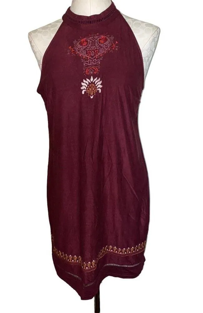 Alya Boho Embroidered Halter Faux Suede Mini Dress Size Medium Burgundy - Image 6