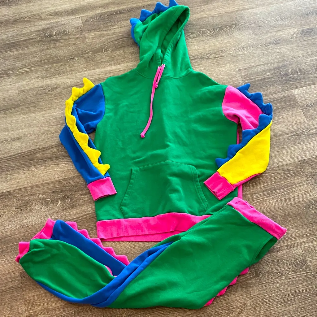 Dolls Kill Current Mood dino hoodie sweatpants matching set multicolor small XS - Image 1