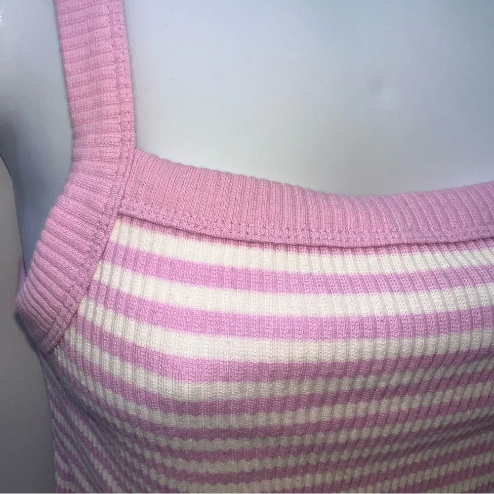 Old Navy Pink and White Striped Slim Fit Tank Top with Square Neckline Size M - Image 3