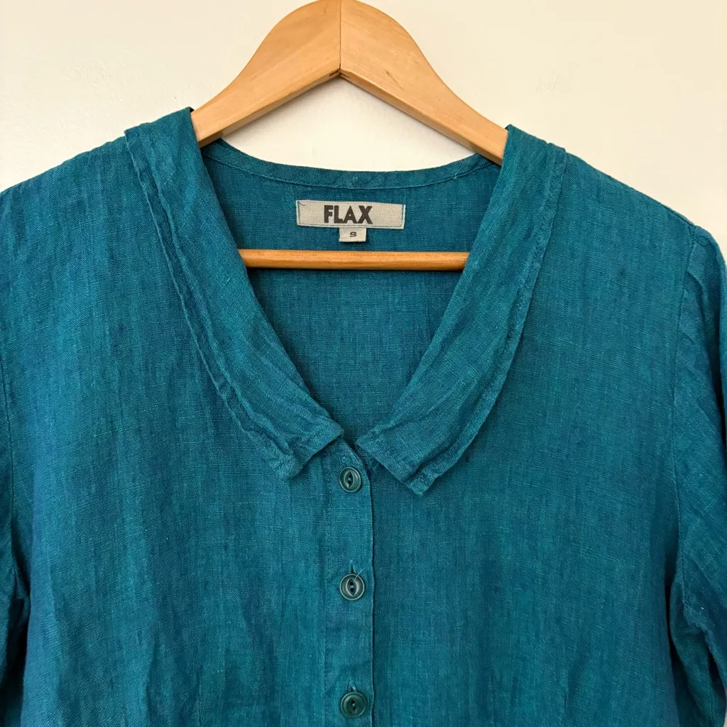 FLAX linen short-sleeve button-down shirt teal size S - Image 2