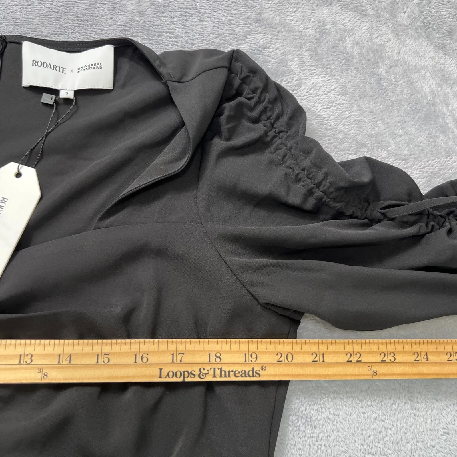 RODARTE x‎ Universal Standard Black Ruched Tie Sleeve Flounce Hem Dress Small - Image 6