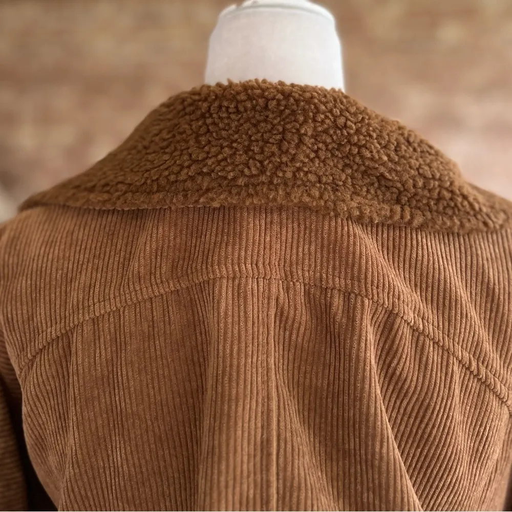 HYFVE Brown Tan Corduroy Sherpa Collar Cropped Moto Bomber Jacket S - Image 9
