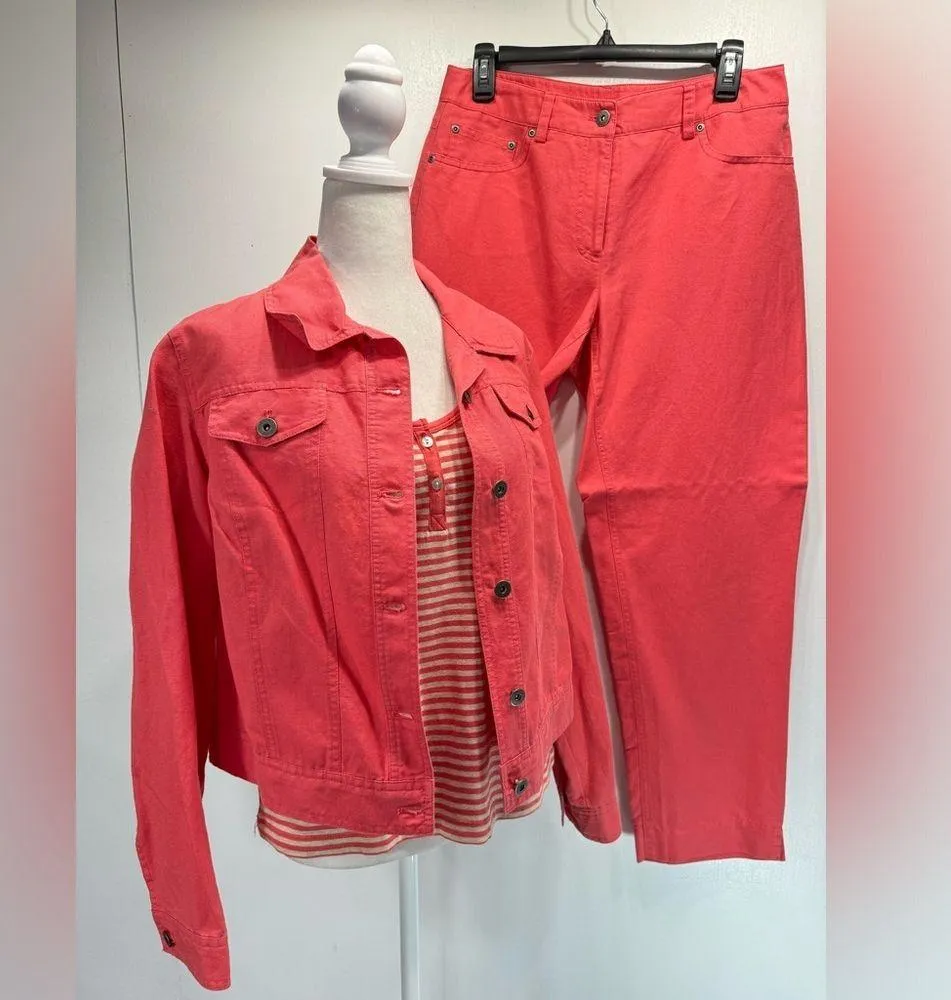 3 Piece Set Coral Linen Cotton Blend Pants & Jacket with Striped Top by Rafaella - Image 2
