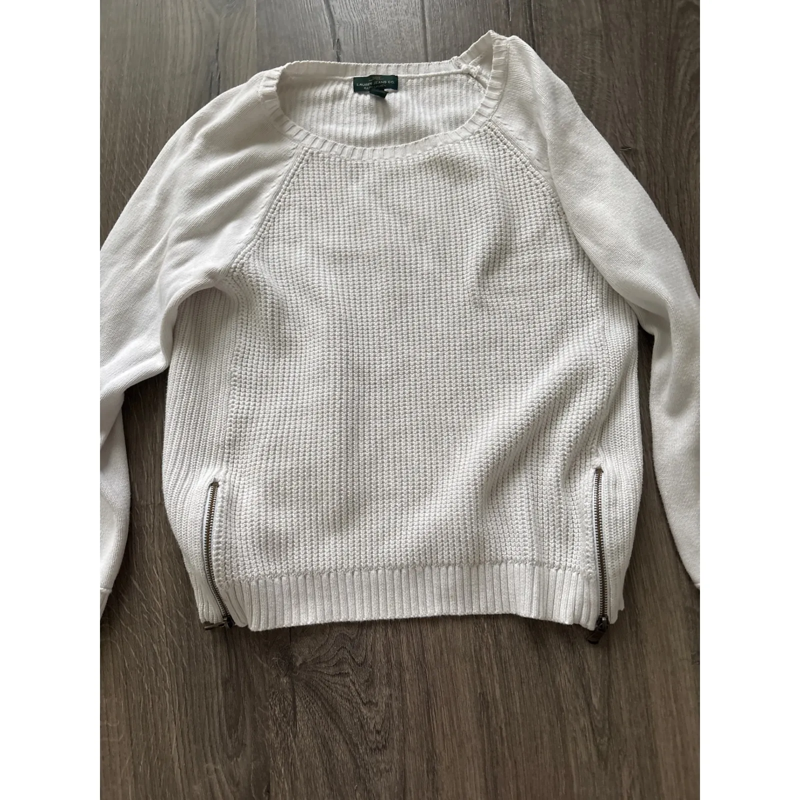 LRL Lauren Jeans Co Ralph Lauren White Waffle Knit Sweater Size L Zipper Accents Size L - Image 6