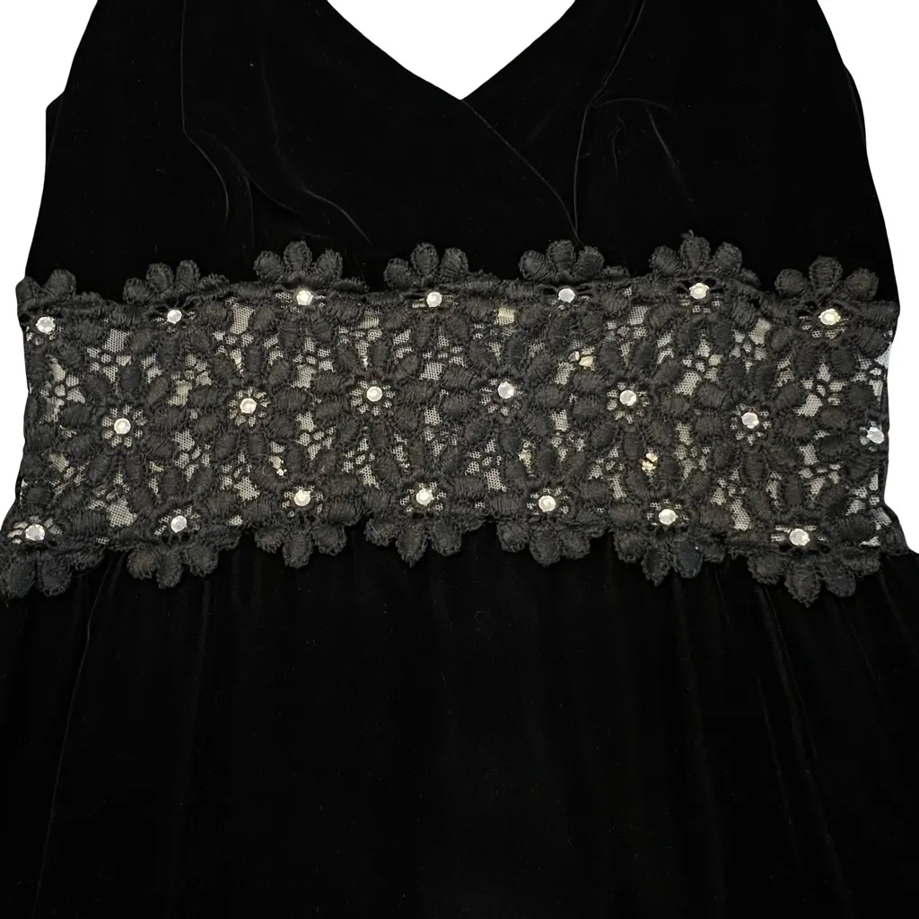 Vintage 60s Black Velvet Hostess Glam Evening Dress Size 12 Floral Lace Cocktail - Image 5