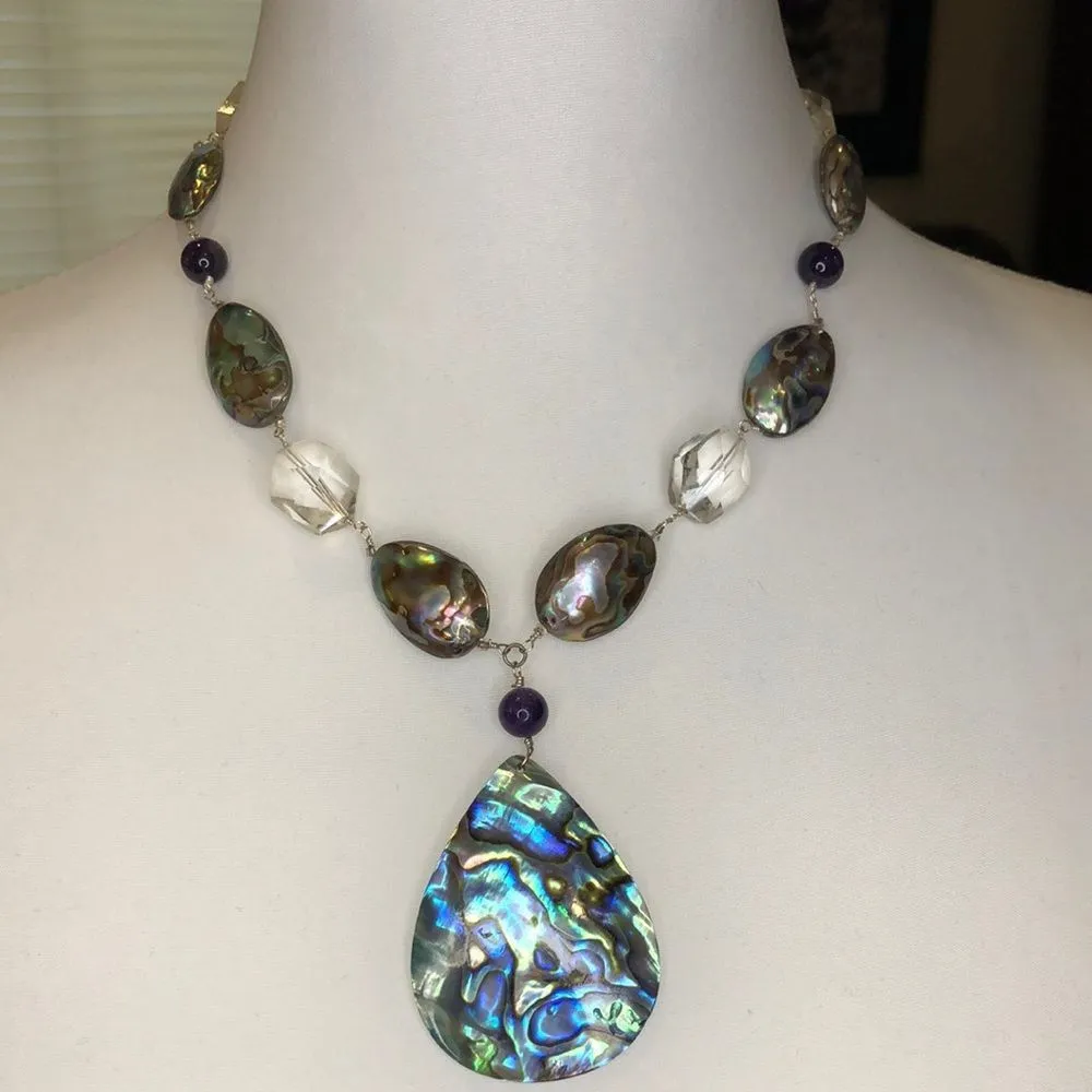 Vintage Abalone Amethyst Crystal Necklace with Abalone Teardrop Pendant - Image 13