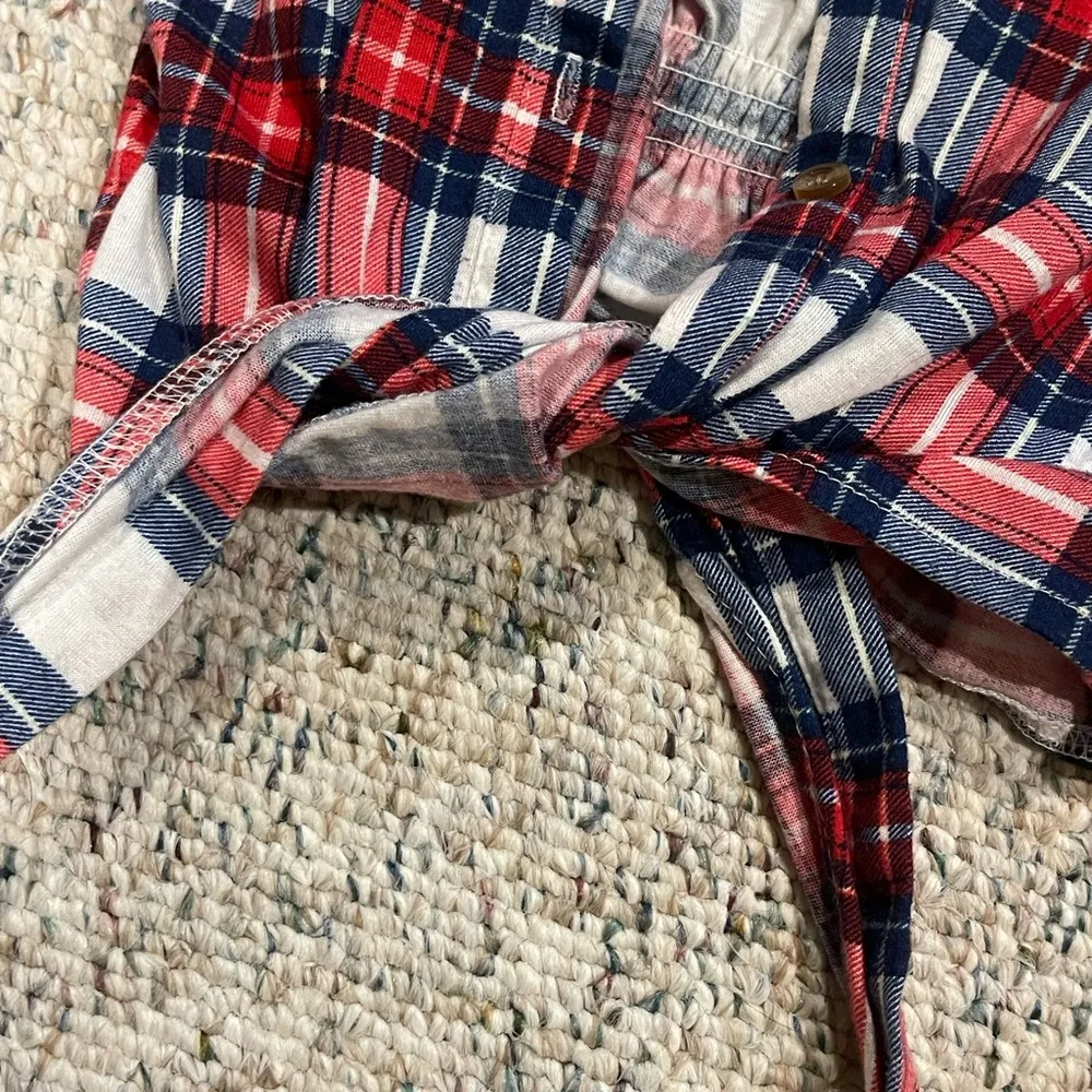 Passport red, white, blue plaid tied button down long sleeve cropped shirt M - Image 7