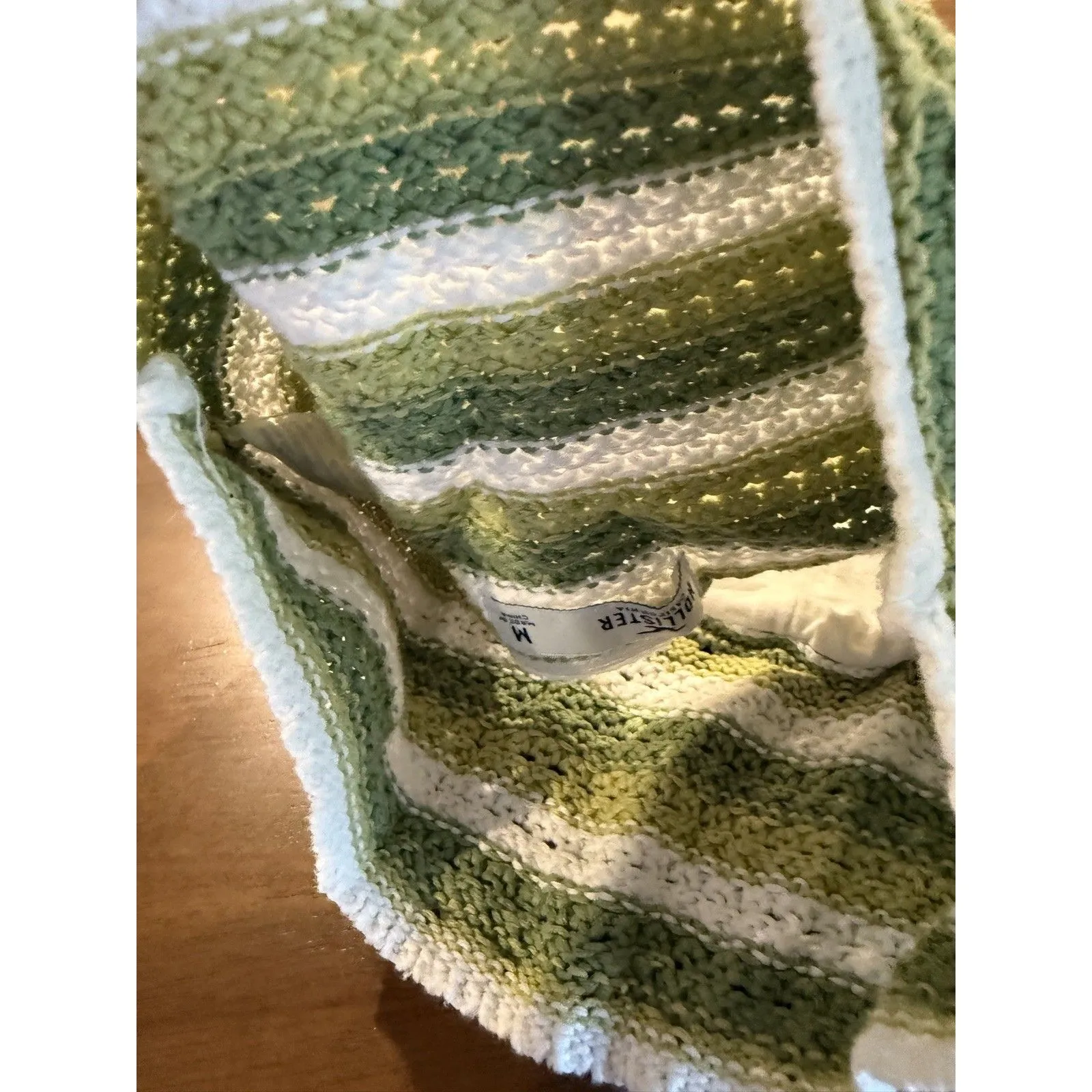 Women’s Hollister Crochet Plunge Halter Crop Top, Green And White Striped Size M - Image 8