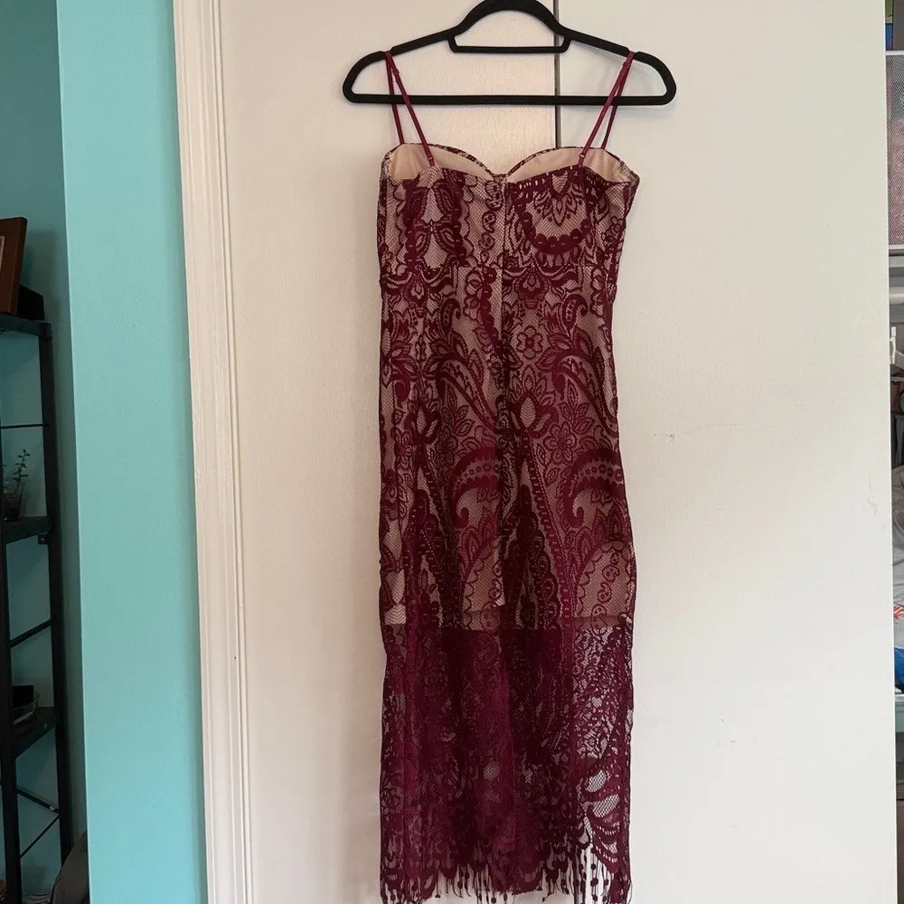Burgundy Lace Bodycon Midi Dress Sweetheart‎ Neck Evening Formal Size S - Image 5