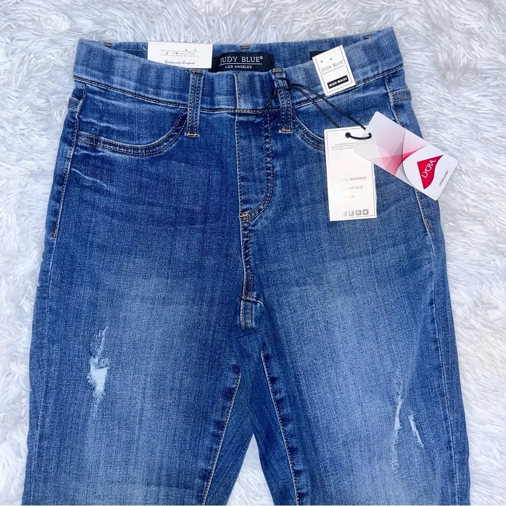 High Waist Distressed Boyfriend Pull On Blue Denim Jegging 1/25 NWT - Image 5