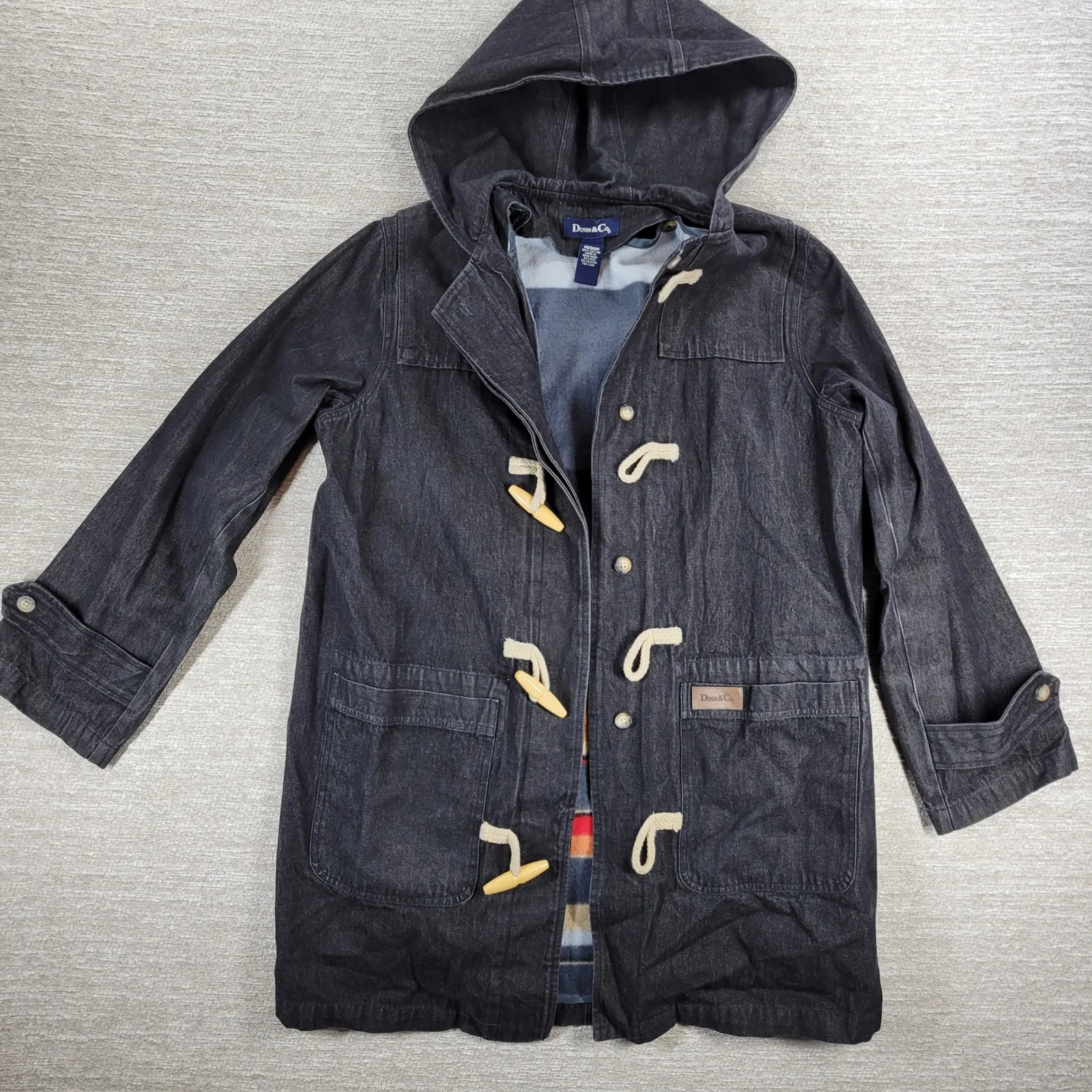 Denim & Co Hooded Denim Duffle Coat Size Med Black Blanket Lined Toggle Button - Image 10