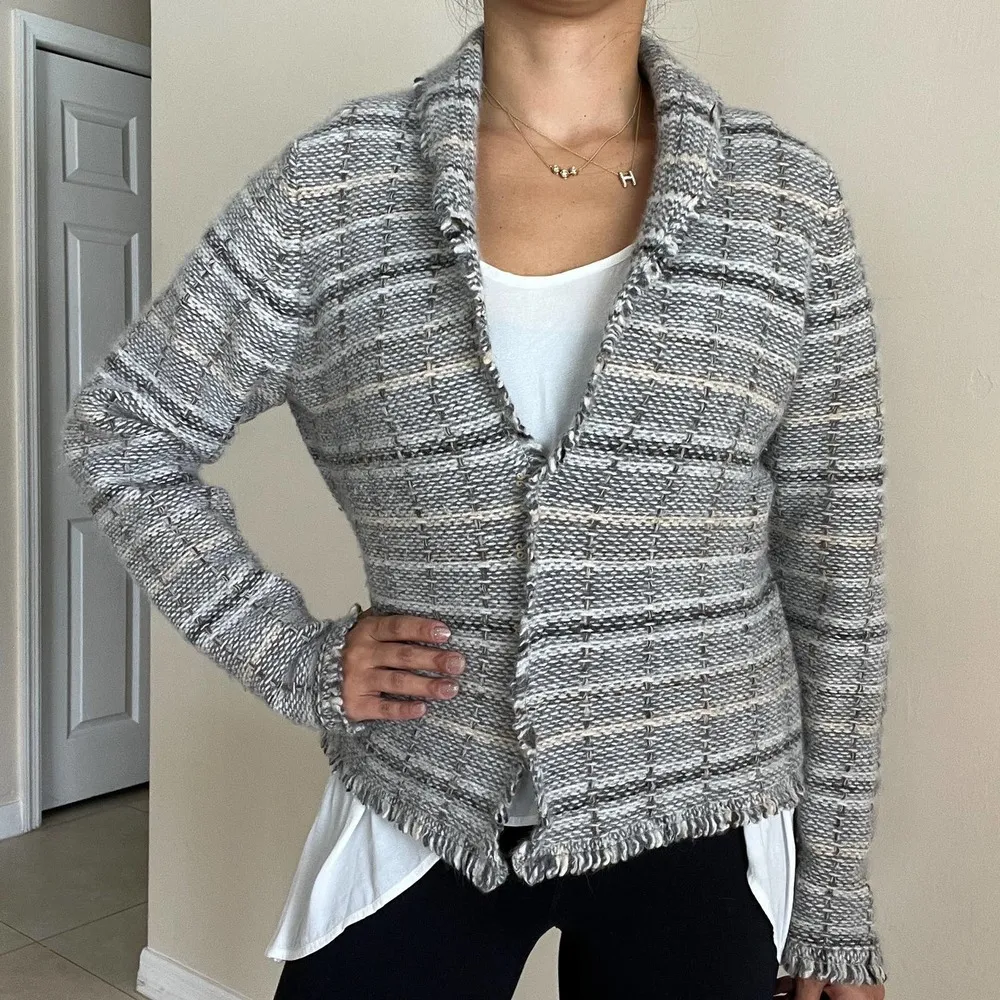 BANANA REPUBLIC Women's Angora & Wool Blend Grey Beige Tan Cardigan Size L - Image 9