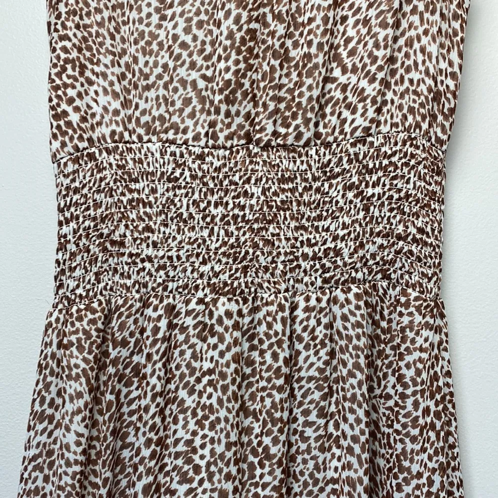 1.State Animal Print Chiffon Smocked Mock Neck Dress in Brown Taupe - Image 9