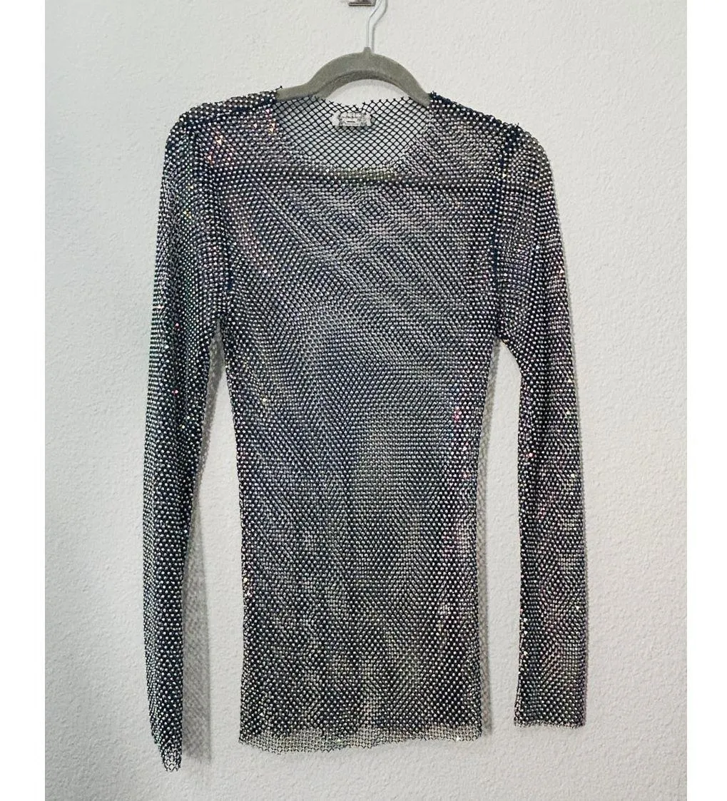 NEW Free People Women's Navy Filter Finish Long Sleeve Metallic Mesh Small Punk - Image 15