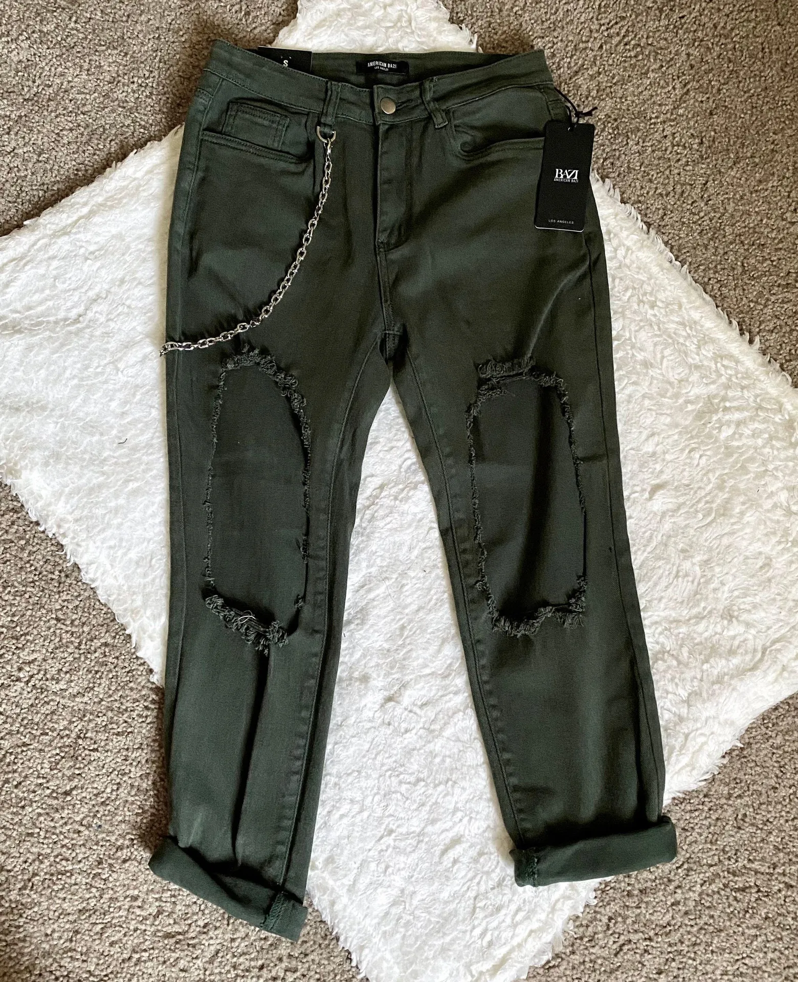 Olive Green Ripped Chain Denim Jeans Pants - Image 2