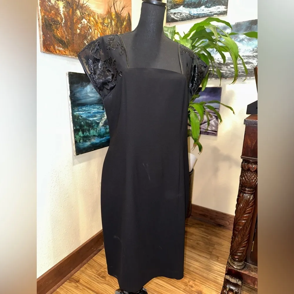 EUC DANNY& NICOLE BLACK COCKTAIL DRESS W VELVET LACE SHOULDERS SZ 14 - Image 2