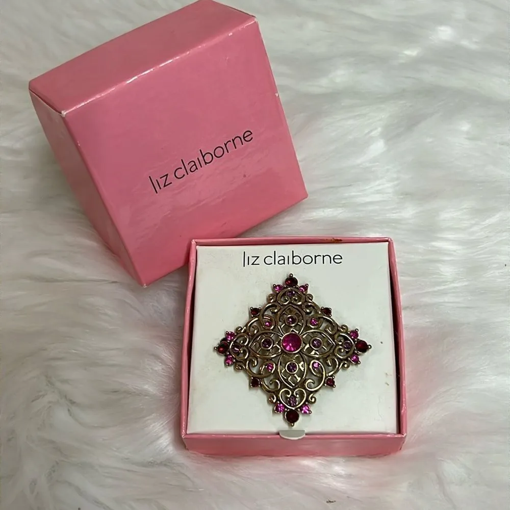 Vintage Liz Claiborne Rhinestone and‎ Gold brooch D6 - Image 2