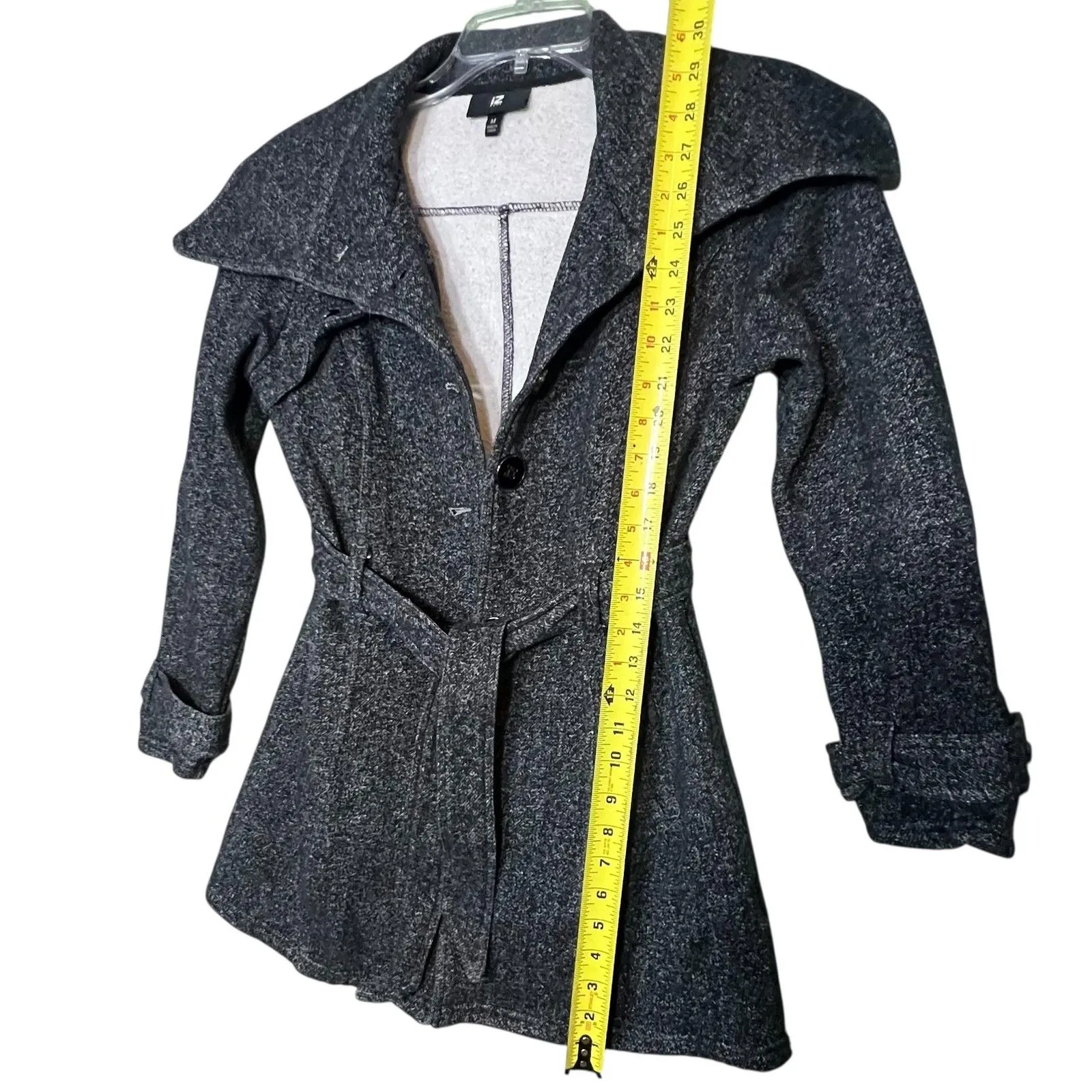 IZ Byer Coat Womens Medium Gray Tweed Belted Trench Collared Lined Button Front - Image 5
