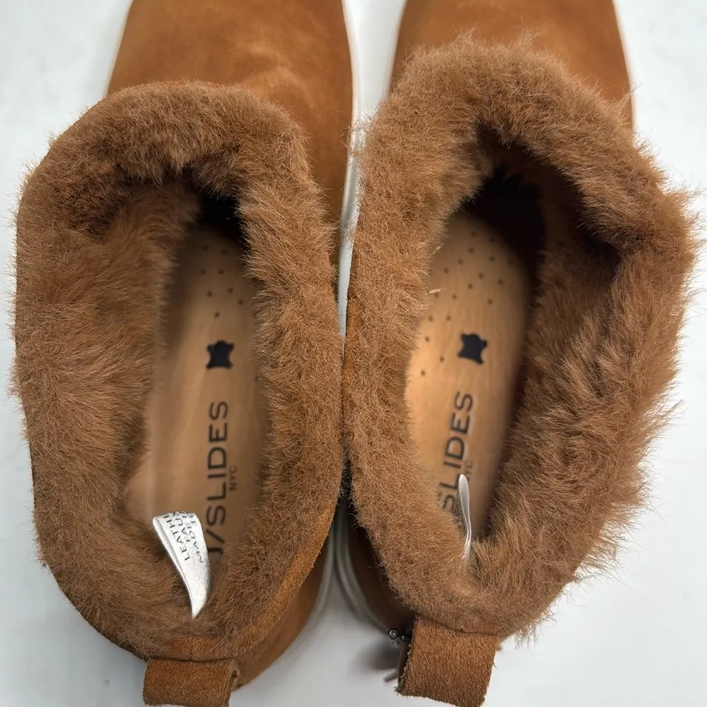 J/SLIDES Faux Fur-Lined Microsuede Tan Brown Booties S-286 Sz 10 - Image 7