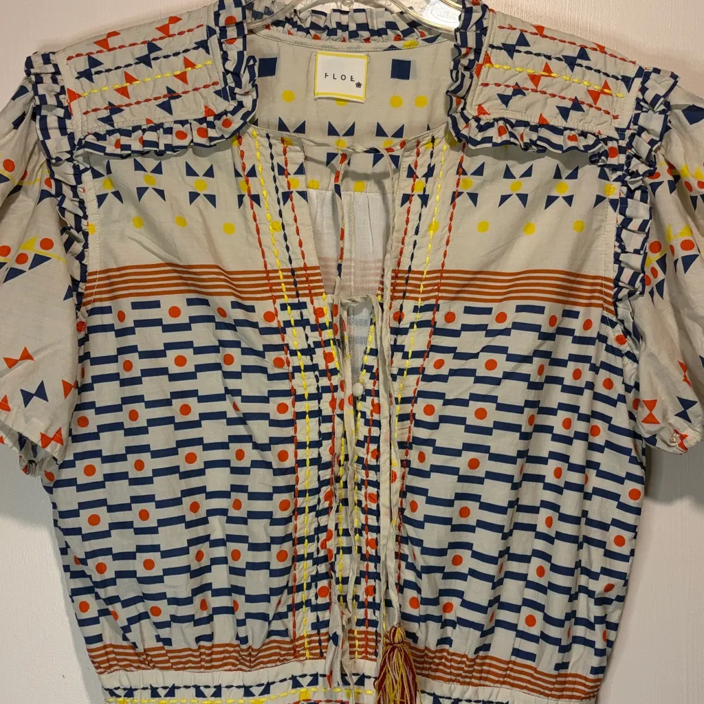 FLOE- Vibrant Geometric Patterned Ruffle Tassle Beads Super Wide Leg Jumpsuit- S - Image 3