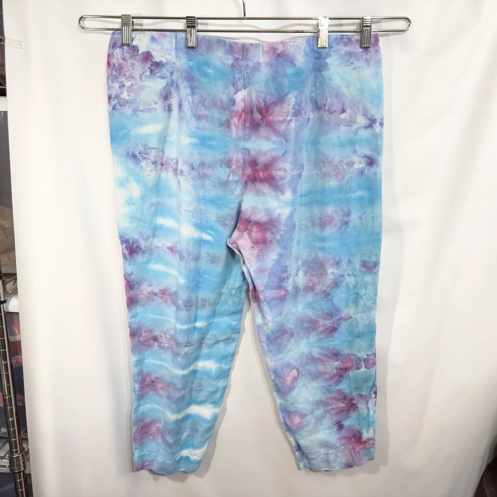 Pure Jill Medium Linen Pants Handmade Tie Dye Blue Purple Cropped Pull On 221 - Image 2
