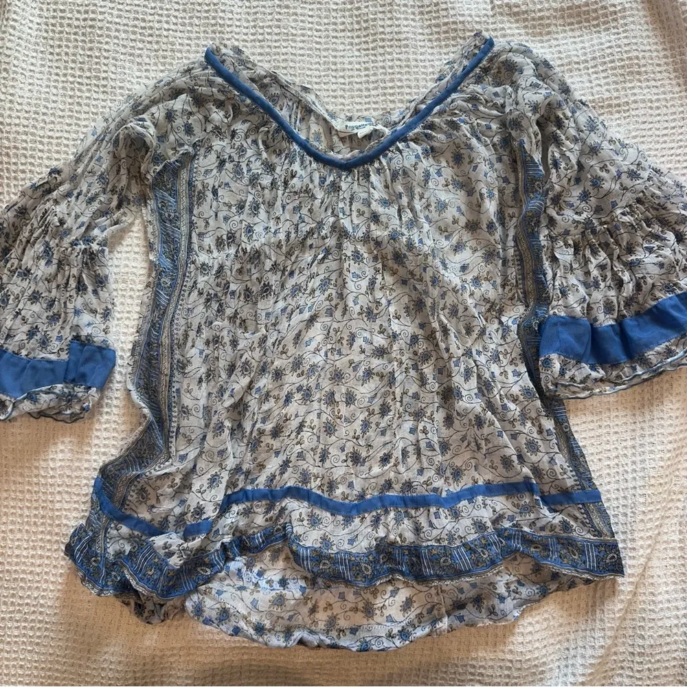 Poupette St Barth Womens floral top blouse flowy tunic white blue gauzy shirt OS Size undefined - Image 7