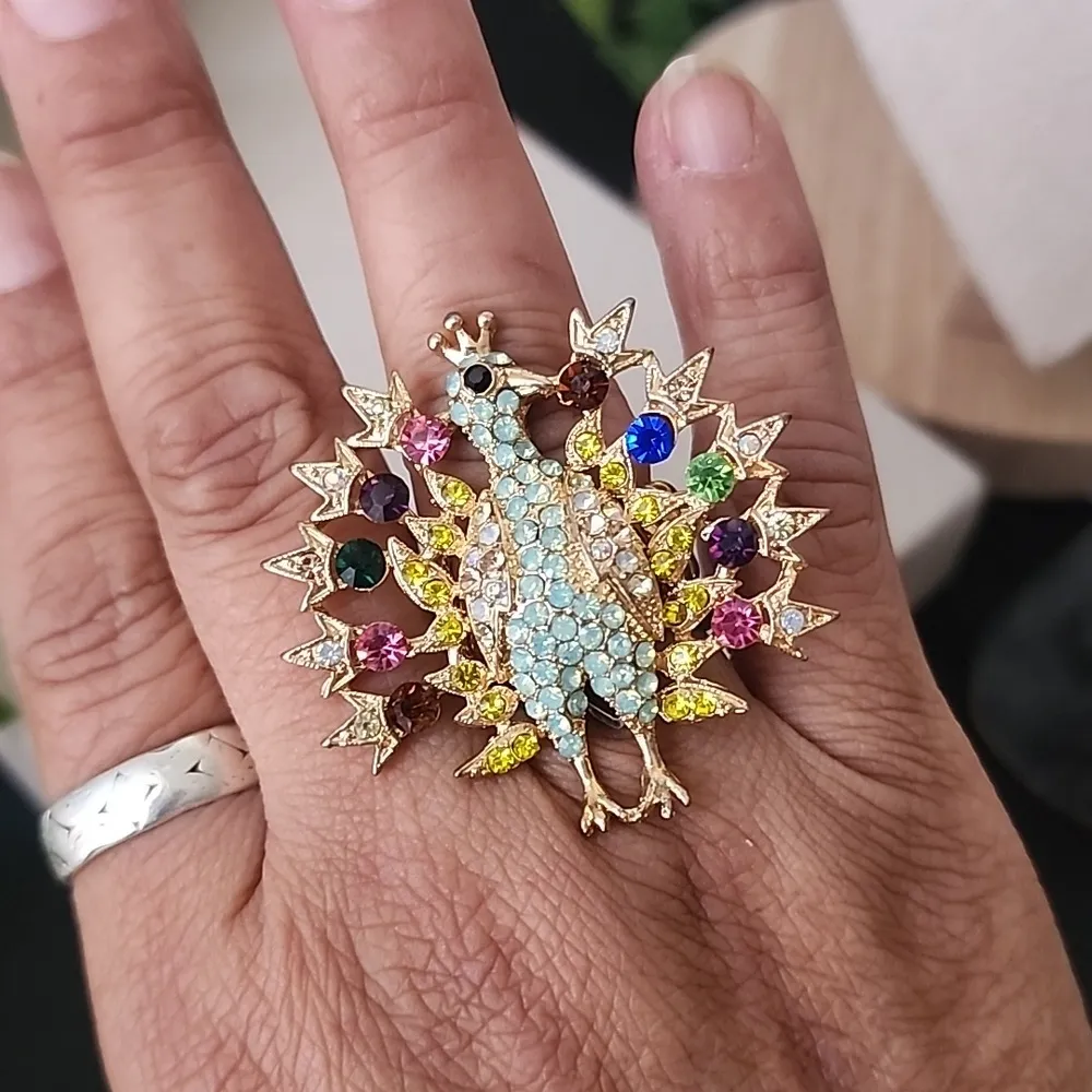Gold with Multi Color Crystals Peacock Stretch Ring - Image 5