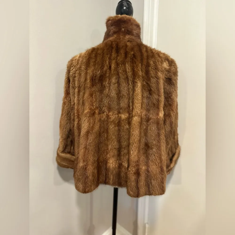 Vintage Women’s Mink Fur Lined Cropped Coat Mao Collar Button Closure. Brown Size M - Image 2