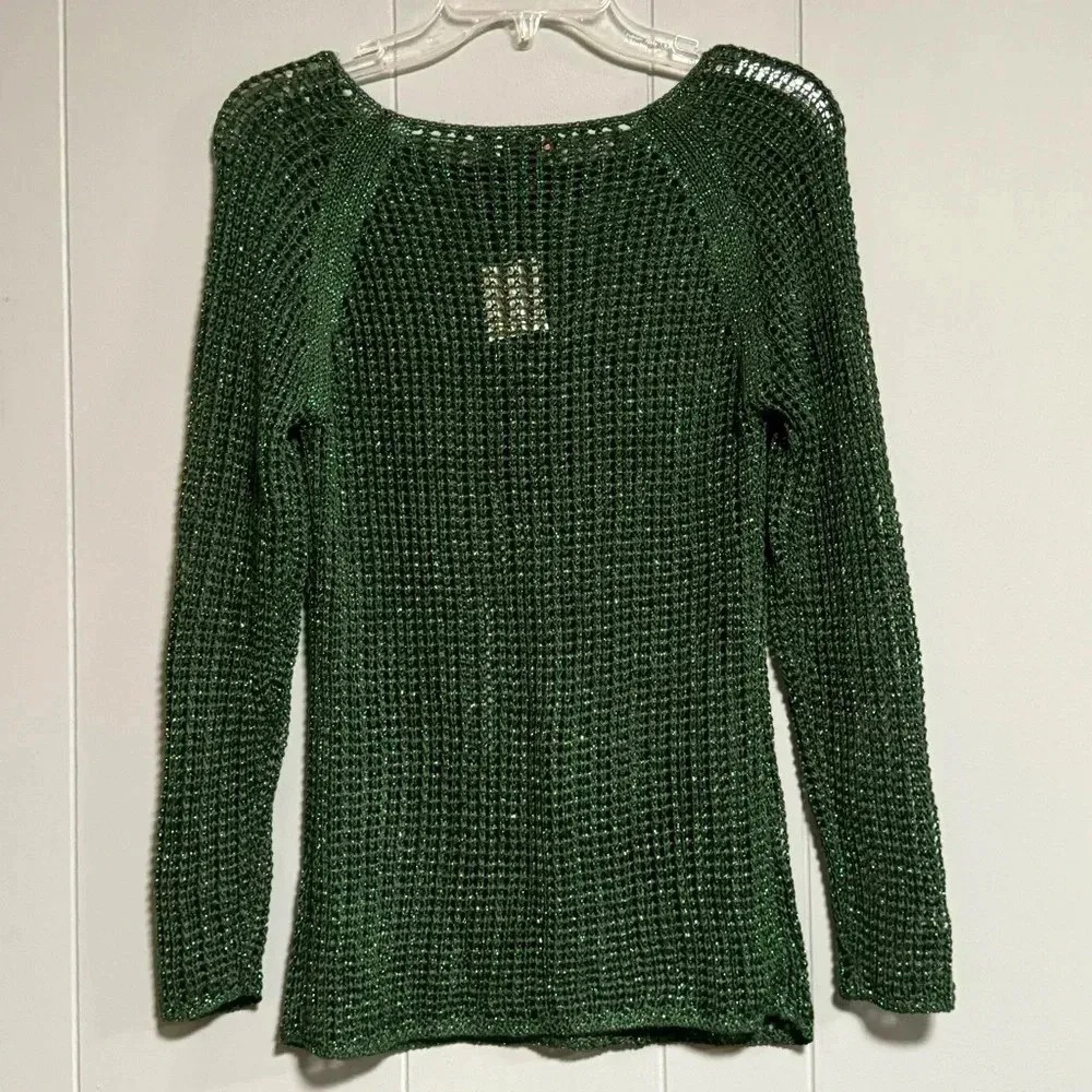 NWT SAY WHAT? Open Knit Long Sleeve Emerald Green Metallic Sweater Size Medium - Image 2