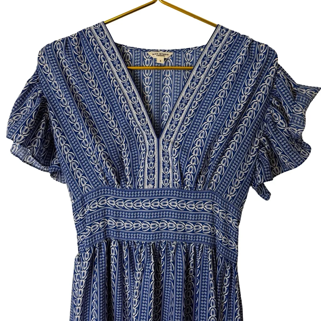 💙✨ MAX STUDIO Blue Flutter Sleeve Floral Tiered Maxi Dress 🌸 Size S – EUC - Image 5