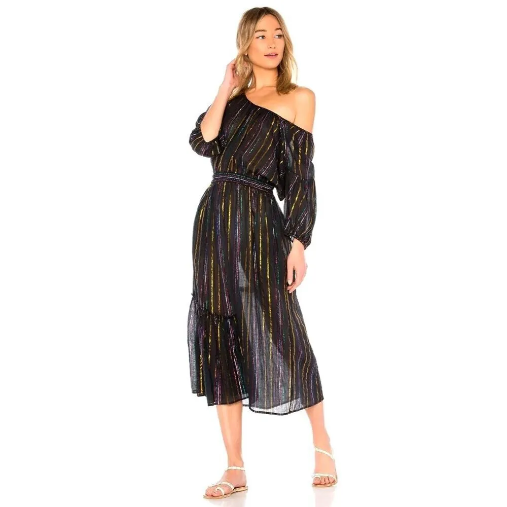 Apiece Apart Dress Women 4 Black Metallic‎ Rainbow Stripe Camellia Midi Party - Image 2