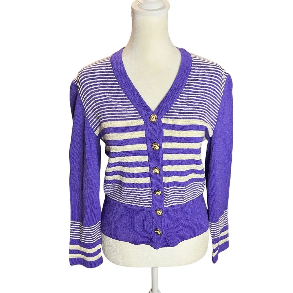 St. John Collection Purple Ivory Striped Knit Cardigan Sweater Petite P USA - Image 2