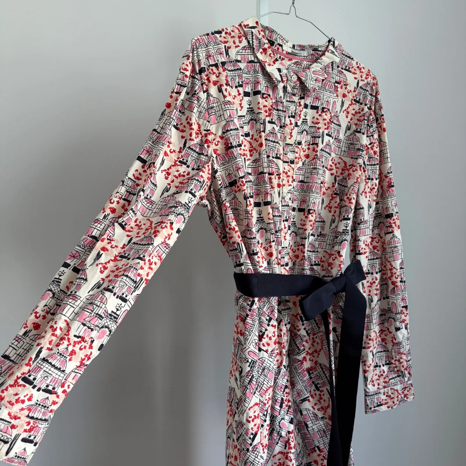Boden sz 16 Paris Print‎ Wearable Art Long Sleeve Collared Shirt Dress Belted Pink - Image 6