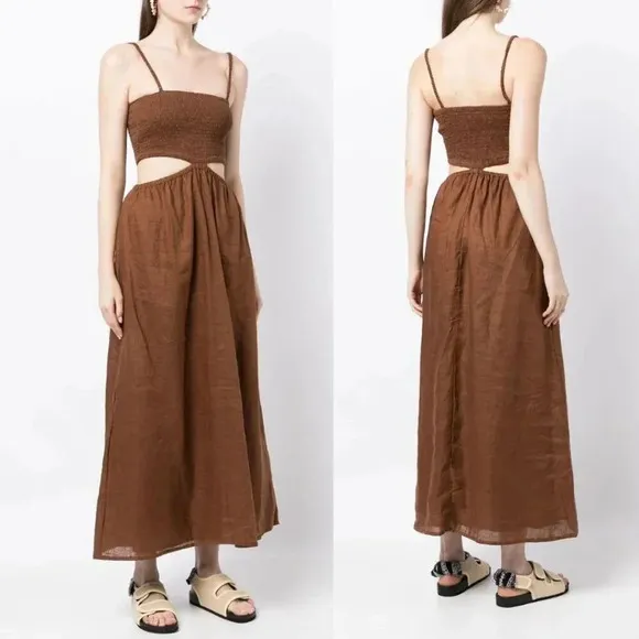 Faithfull The Brand Tayari Linen Maxi Dress 12 Cinnamon Cutout Smock Sundress - Image 2