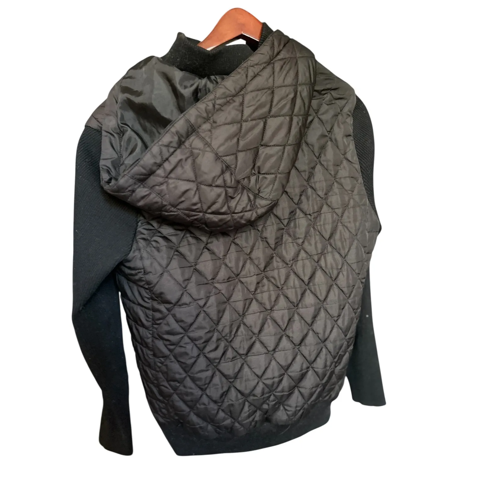 Tommy Hilfiger Quilted Hooded Jacket Black Knit‎ Sleeve Womens Large L - Image 8