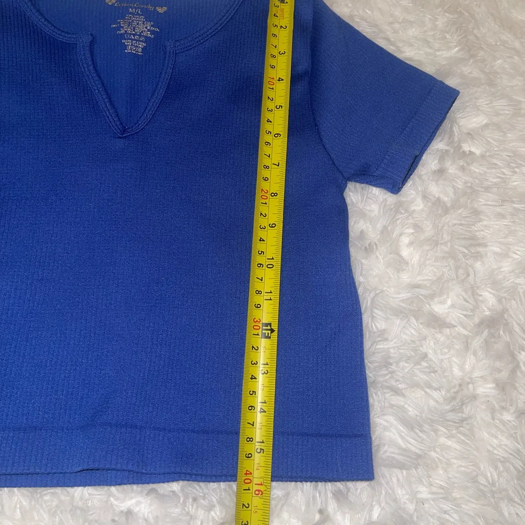 Cotton Candy vibrant blue ripped short sleeve top tee shirt stretchy M L - Image 5