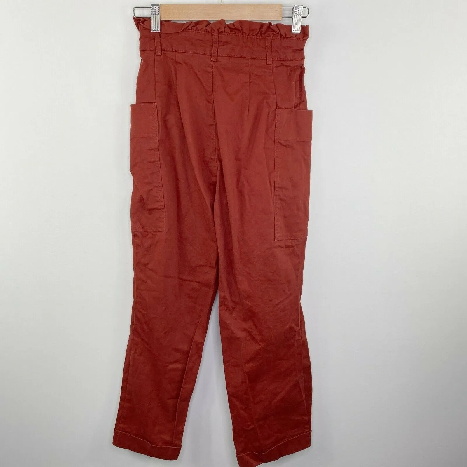 Zara Burnt Orange High-Rise Cuffed Paperbag Pants Women's Size Extra Small XS - Image 7