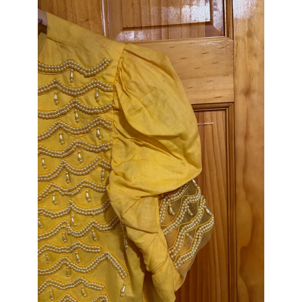 Vango Yellow Linen Beaded Puff Sleeve Blouse 16X Boho Top Read Size 16 - Image 6