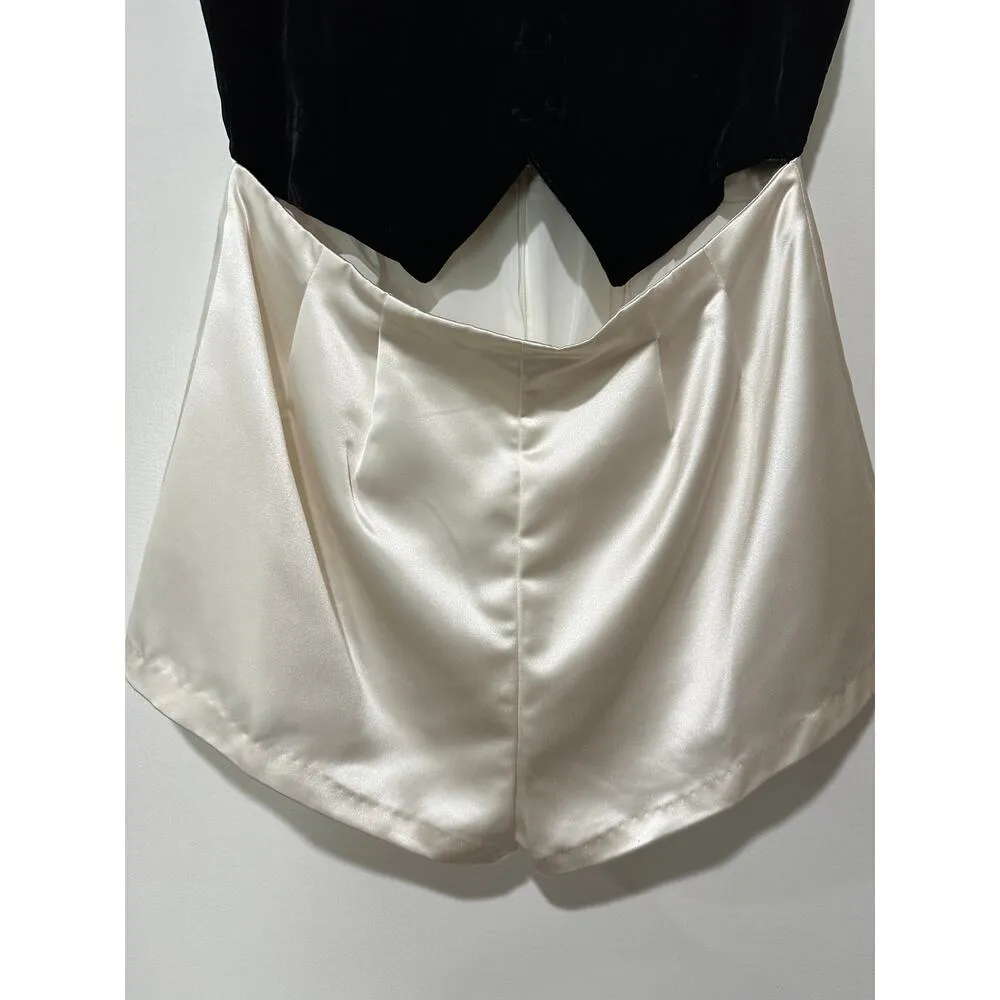 For Love and Lemons Drew Velvet Romper Black White Size Medium NWT Satin Shorts - Image 8